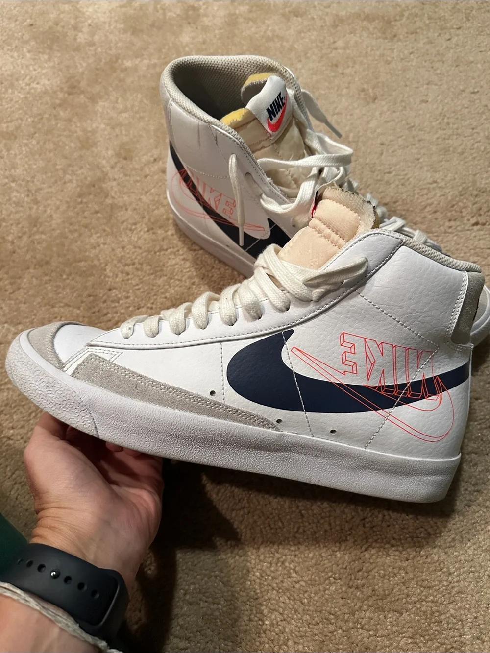 Nike High-Top Sneakers White with Black Swoosh and Yellow Tongue Accents